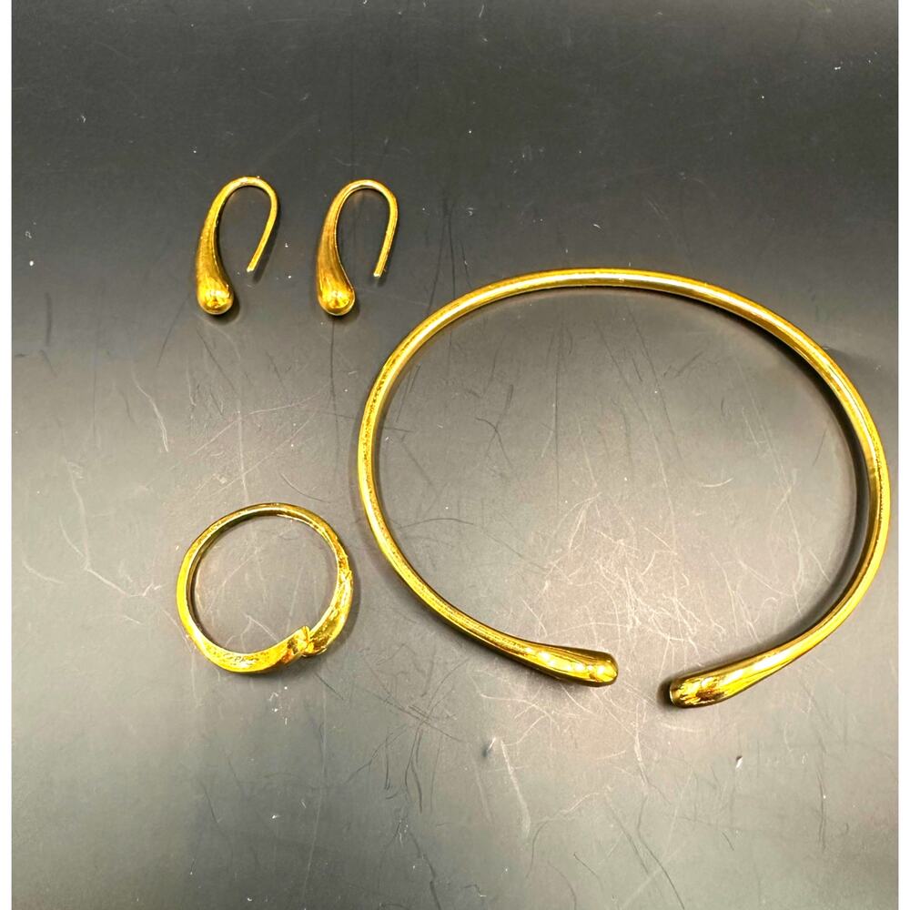 Jewelry Set of 3 Bracelet Earring Ring Sculptural Melted Look Gold tone Modern